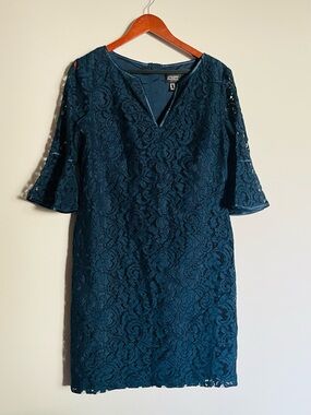 Adrianna Papell Teal Lace V-Neck Midi Dress